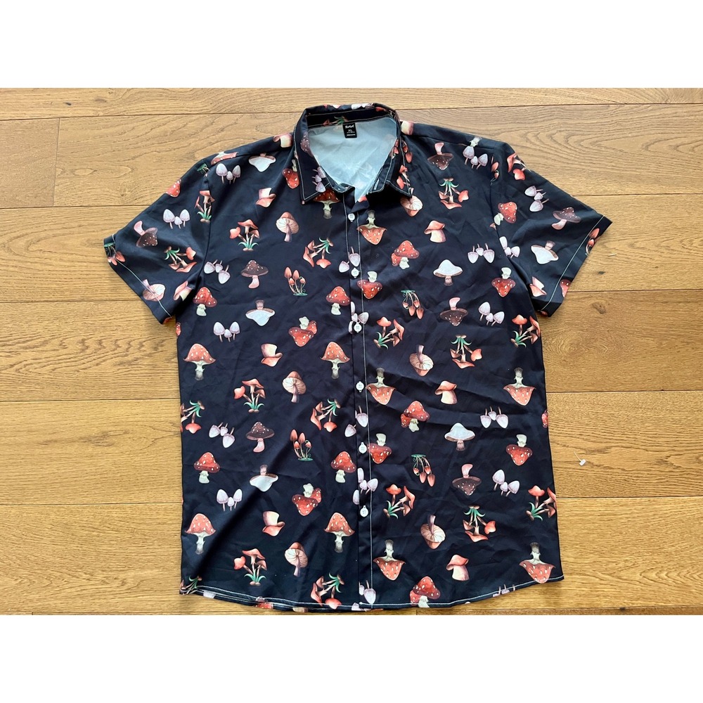 Romwe Mens XL Mushroom Print Short Sleeve Button Down Shirt Black Funky Festival